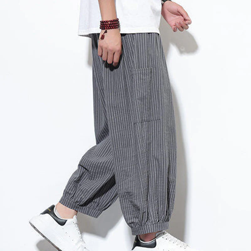 Buddha Stones Casual Striped Men's Cotton 7-8 Length Harem Pants With Pockets