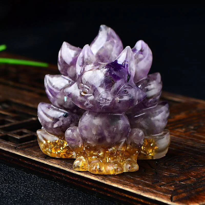 Buddha Stones Natural Various Crystal Strawberry Quartz Amethyst Nine Tailed Fox Protection Home Decoration