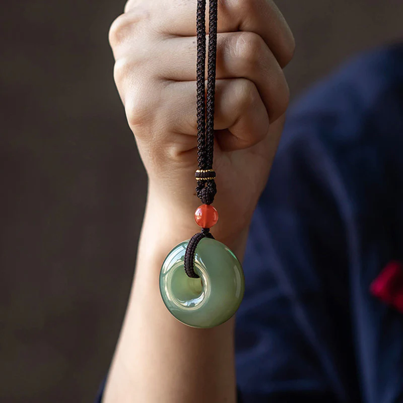 Buddha Stones Natural Round Jade Gray Jade Peace Buckle Luck Necklace Pendant