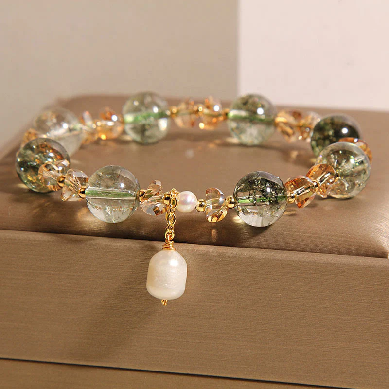 Buddha Stones Natural Green Phantom Pearl Gravel Crystal Stone Confidence Bracelet