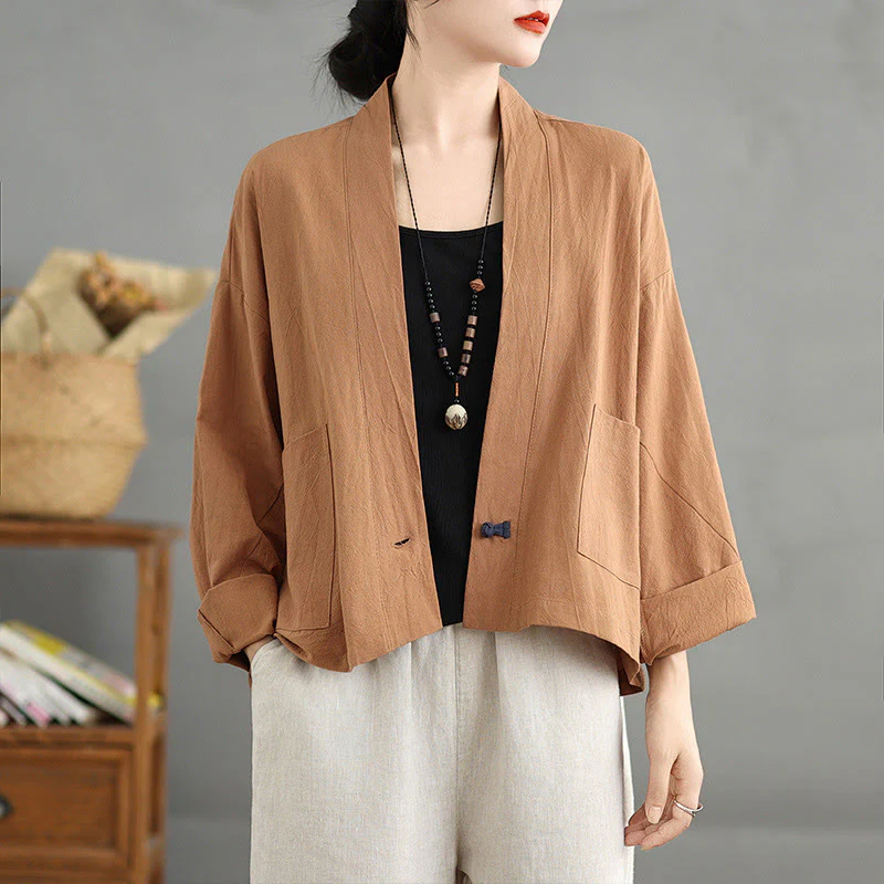 Buddha Stones Casual Vintage Plain Long Sleeve Open Front Cardigan Cotton Linen Jacket With Pockets