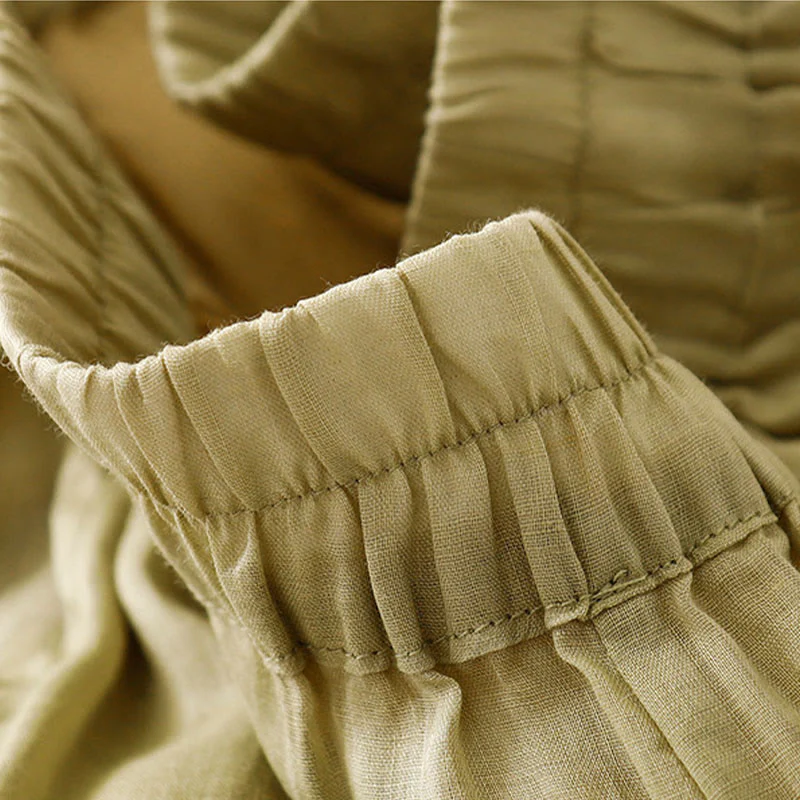 Buddha Stones Casual Flower Embroidery Women's Cotton Linen Elastic Waist  Wide Leg Pants With Pockets