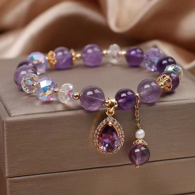 Buddha Stones Natural Amethyst Zircon Love Heart Healing Soul Charm Bracelet