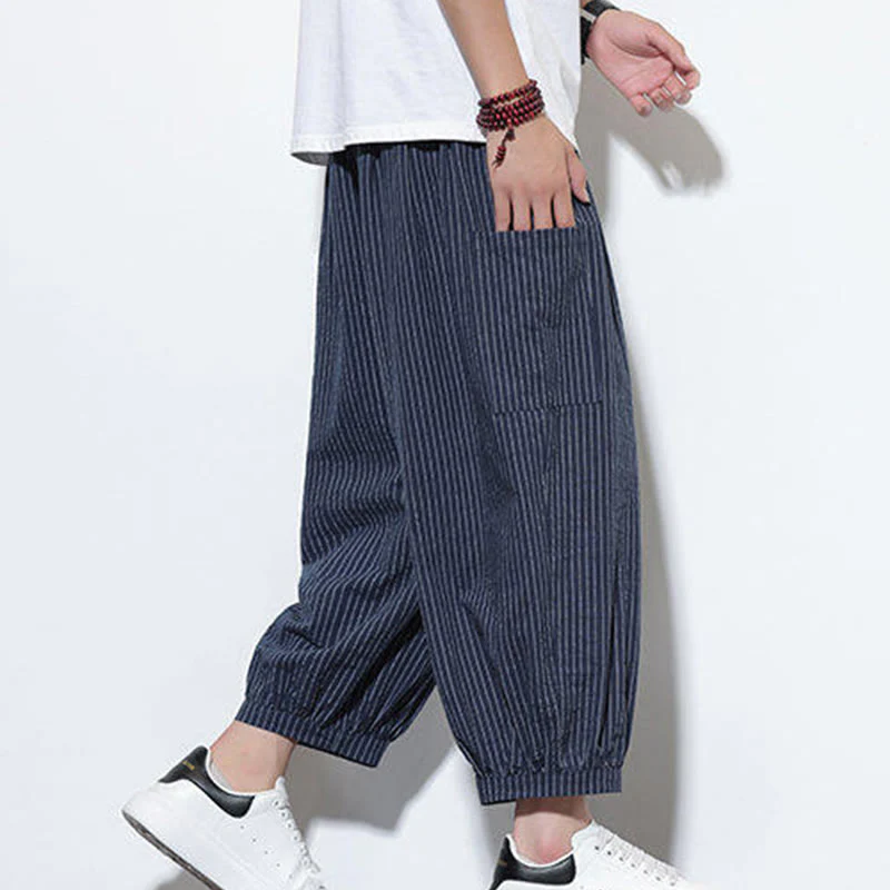 Buddha Stones Casual Striped Men's Cotton 7-8 Length Harem Pants With Pockets