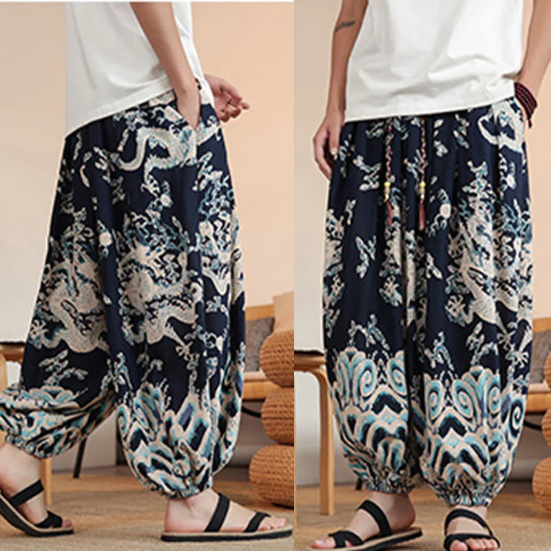 Buddha Stones Dragon Print Cotton Men's Harem Ankle-Length Pants With Pockets