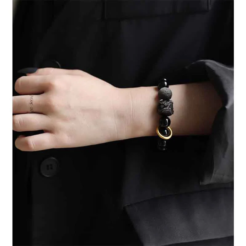 Buddha Stones Black Obsidian Silver Sheen Obsidian Lion Strength Bracelet