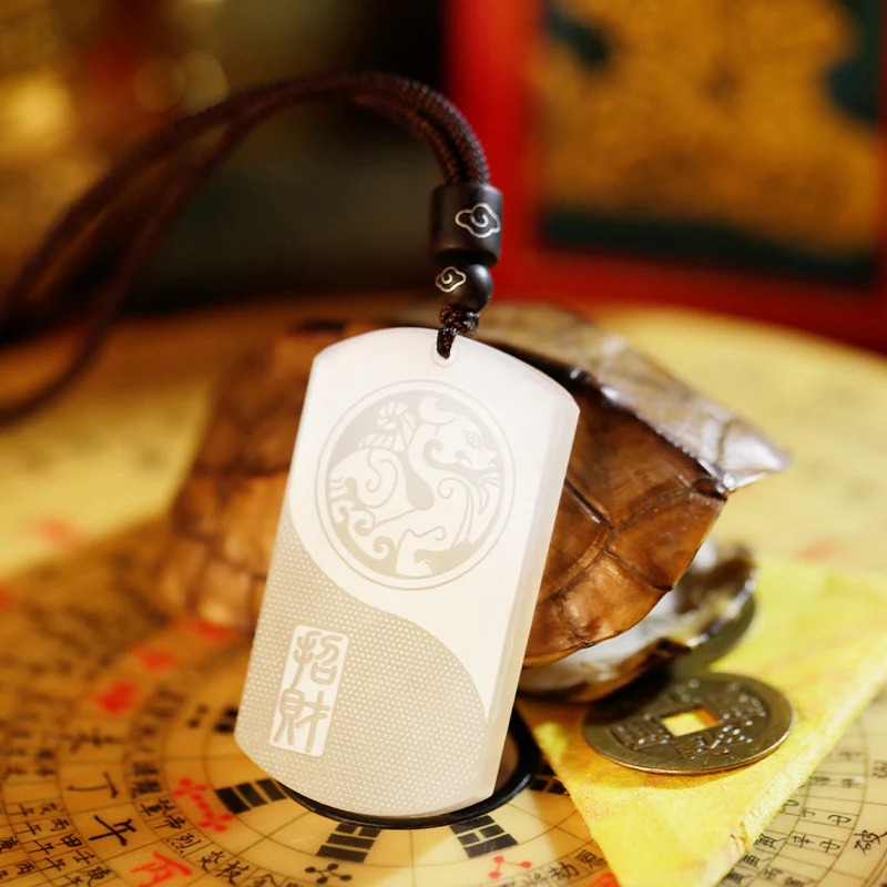Buddha Stones White Jade PiXiu Yin Yang Luck Protection Necklace Pendant