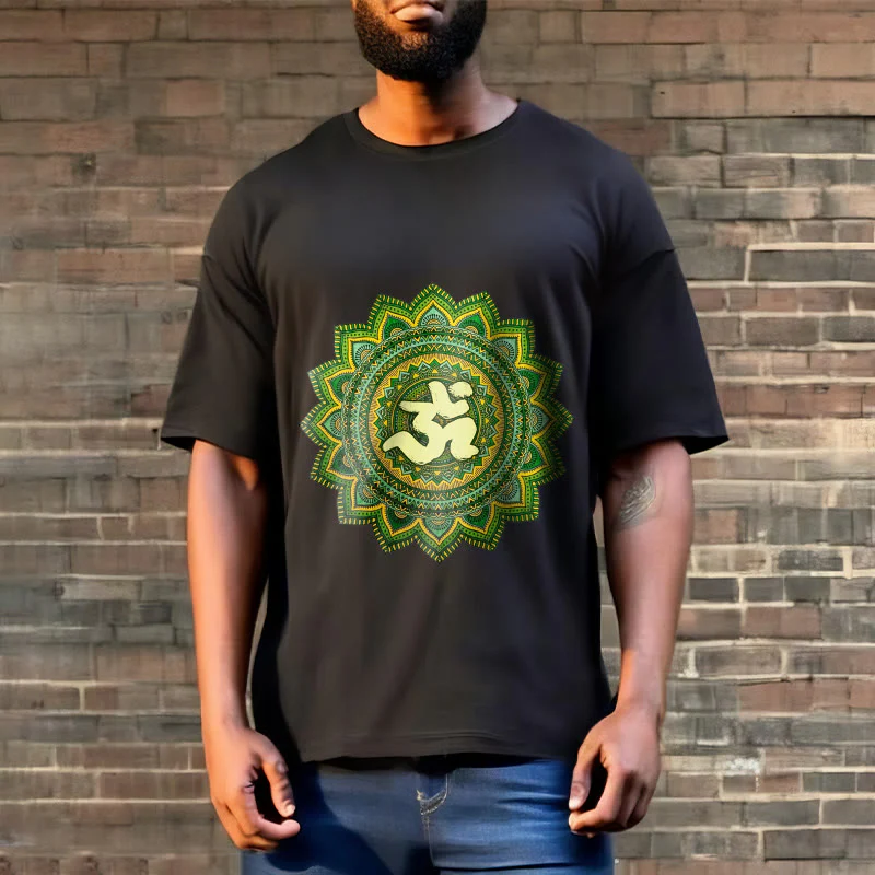Buddha Stones Casual Green Mandala Om Symbol Pattern Cotton Tee T-shirt