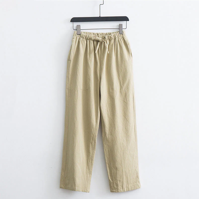 Buddha Stones Men's Solid Color Cotton Linen Casual Drawstring Pants With Pockets