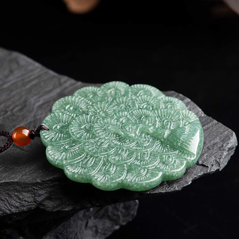 Buddha Stones Natural Jade Peacock Luck Prosperity Necklace Pendant