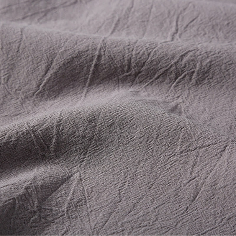 Buddha Stones Summer Casual 2Pcs Plain Notched Collar T-Shirt Drawstring Shorts With Pockets Cotton Linen Men's Meditation Cloth Set