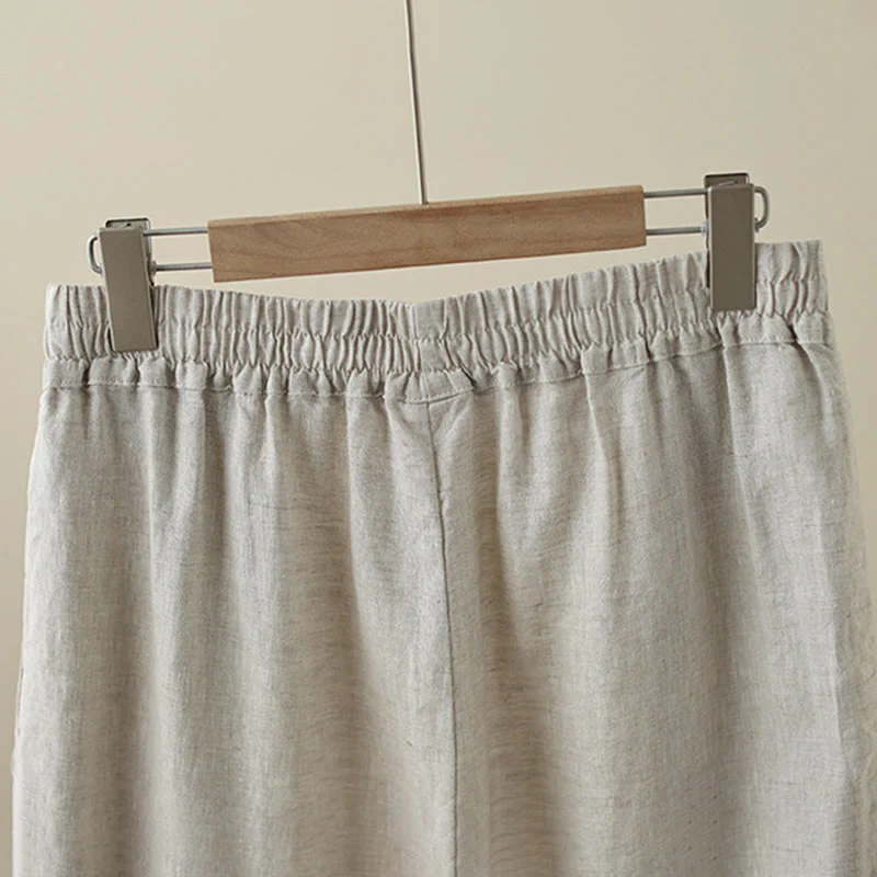 Buddha Stones Commute Retro Plain Lace Patchwork Design 7-8 Length Women's Wide Leg Cotton Pants With Pockets