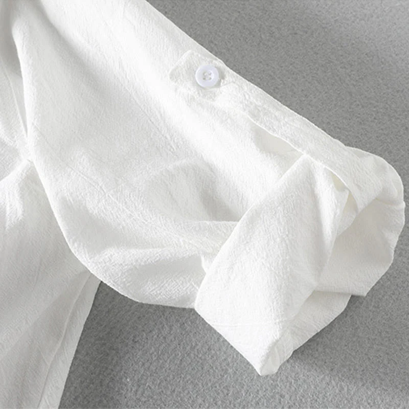 Buddha Stones Summer Solid Men's Buttons Half Sleeve Cotton Linen Shirt