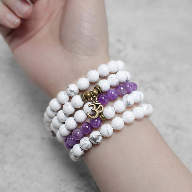Buddha Stones 108 Mala Beads Amethyst White Turquoise OM Healing Meditation Energy Bracelet
