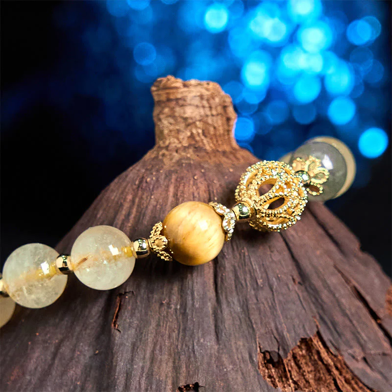 Buddha Stones Natural Rutilated Quartz Fu Character Metal Swallowing Beast Auspiciousness Bracelet