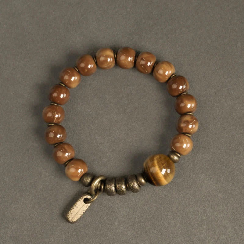 Buddha Stones Kuka Seed Tiger Eye Gold Sheen Obsidian Copper Wealth Luck Bracelet