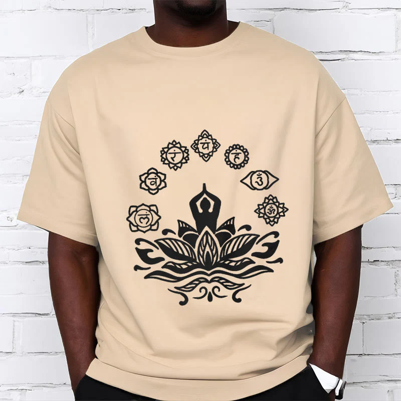 Buddha Stones Casual Meditating Figure Lotus Flower Seven Chakras Pattern Cotton Tee T-Shirt