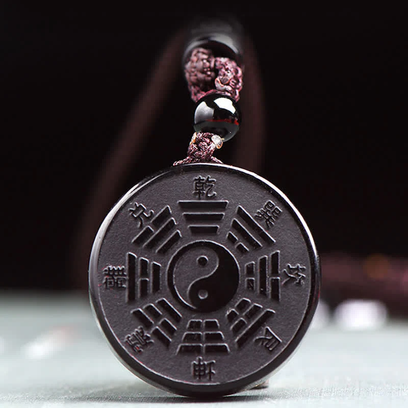Buddha Stones Black Obsidian Bagua Yin Yang Strength Necklace Pendant