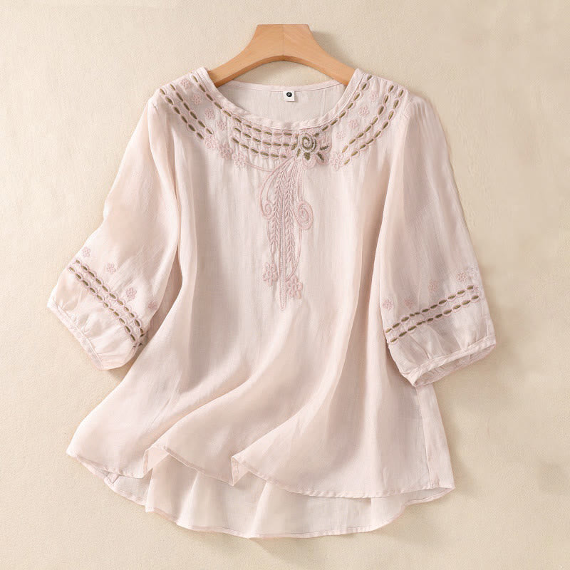 Buddha Stones Women's Crew Neck Hollow Design Half Sleeve Cotton Linen Shirt