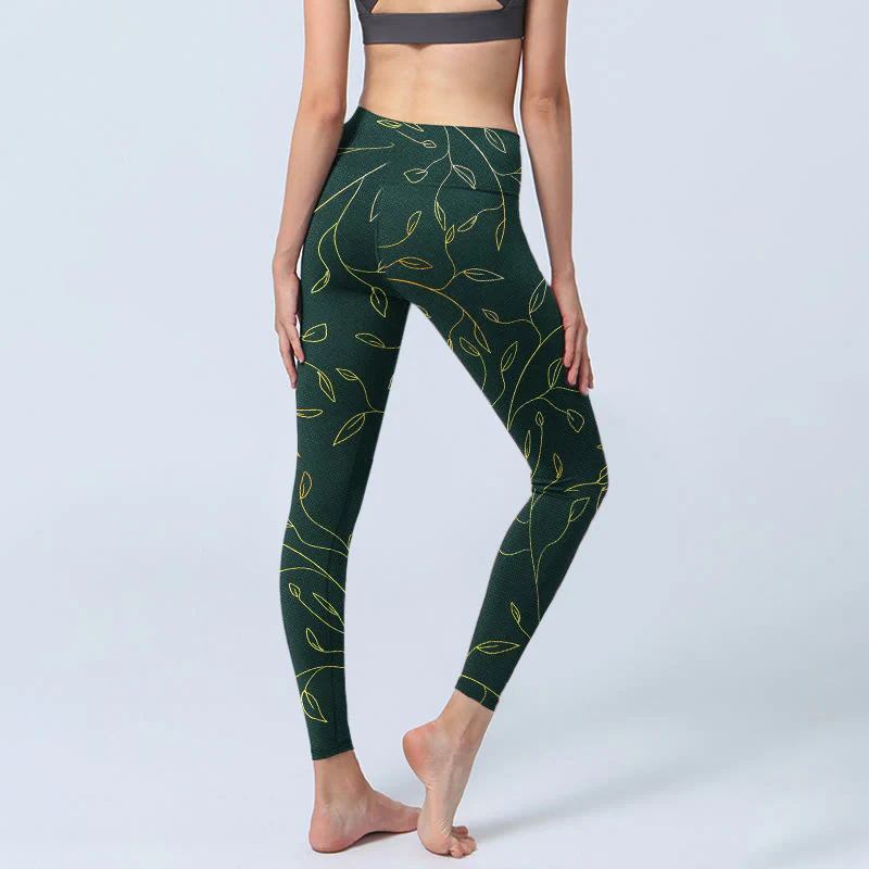 Buddha Stones Green Golden Leaves Branches Print Gym Leggings Women's Yoga Pants