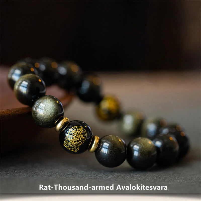 Buddha Stones Chinese Zodiac Natal Buddha Gold Sheen Obsidian Wealth Protection Bracelet