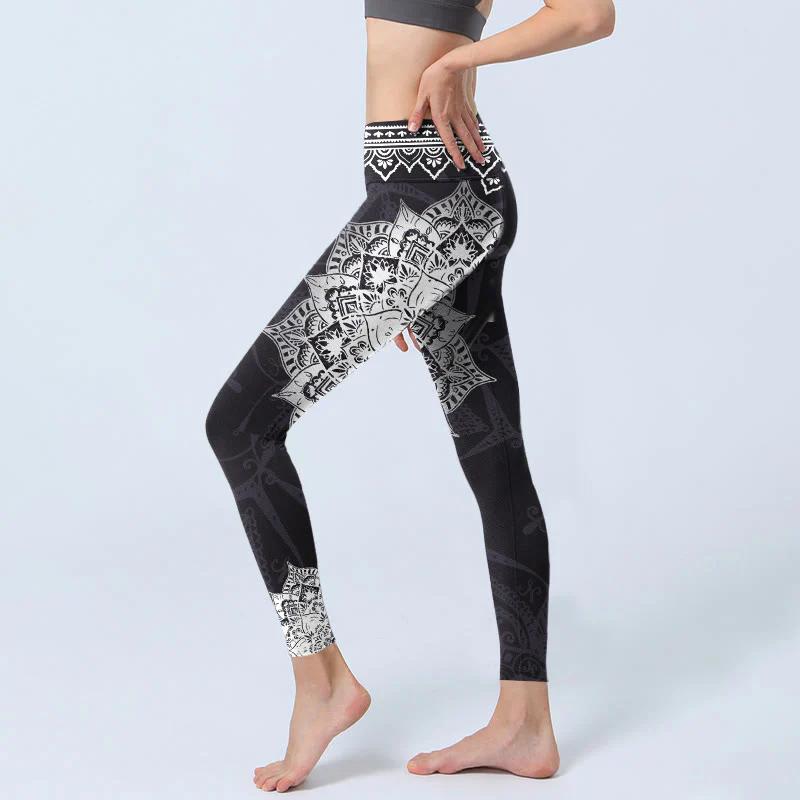Buddha Stones Black Mandala Flowers Print Exercise Leggings Women's Yoga Pants