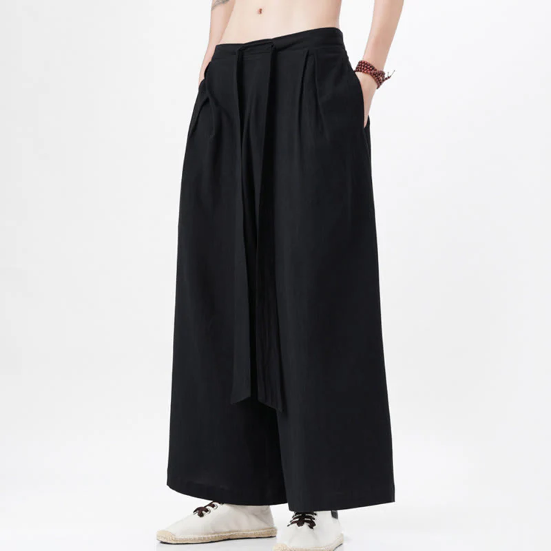 Buddha Stones Spring Casual Sports Drawstring Design Men's Cotton Linen Wide Leg Pants With Pockets