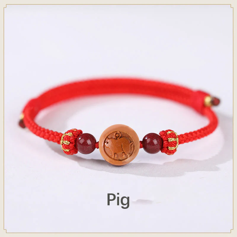 Buddha Stones Natural Peach Wood Chinese Zodiac Fu Character Carved Cinnabar Wealth Bracelet