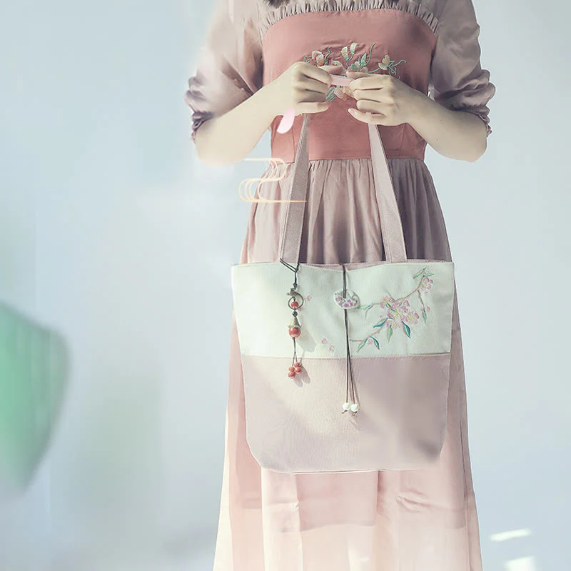 Buddha Stones Pear Flower Plum Peach Blossom Bamboo Embroidery Canvas Large Capacity Shoulder Bag Tote Bag