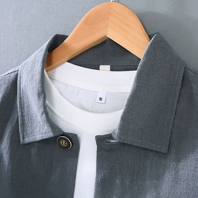 Buddha Stones Casual Plain Long Sleeve Button Lapel  Design Men's Ramie Linen Jacket With Pockets