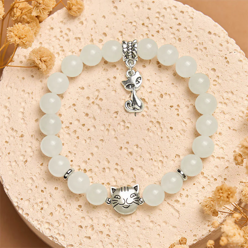 Buddha Stones White Cat White Jade Luck Blessing Bracelet