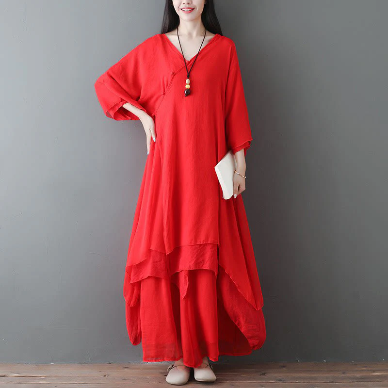 Buddha Stones V-Neck Midi Tunic Dress Wide Leg Pants Meditation Zen Practice Dance Clothing