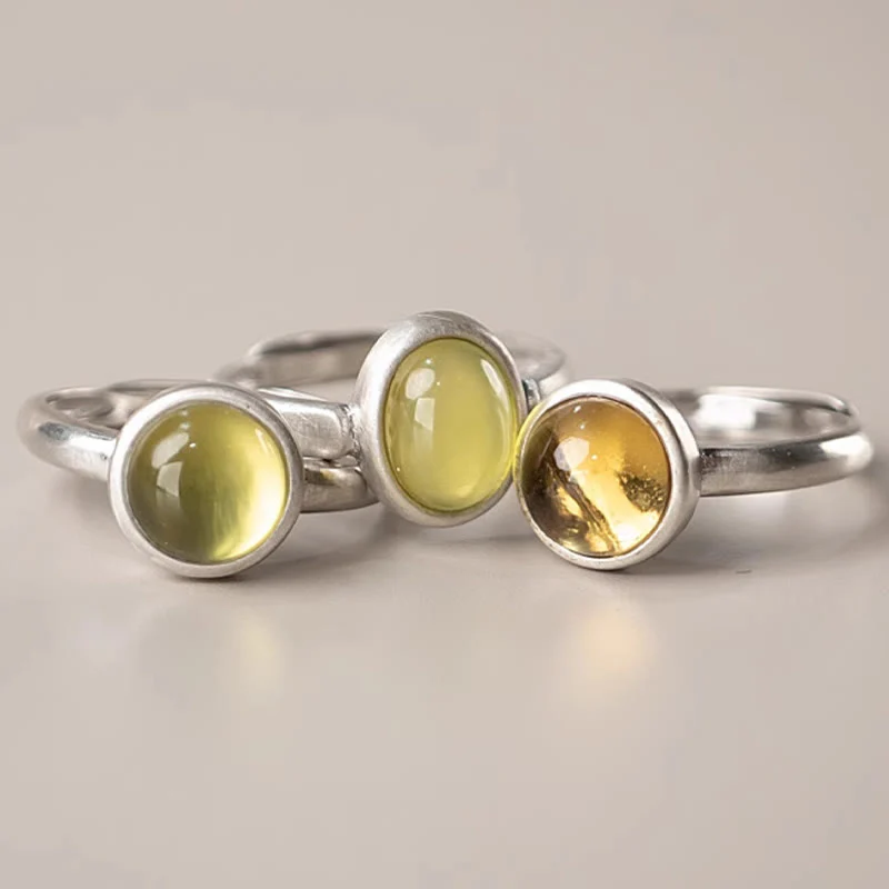 Buddha Stones Natural 925 Sterling Silver Prehnite Citrine Adjustable Happiness Ring