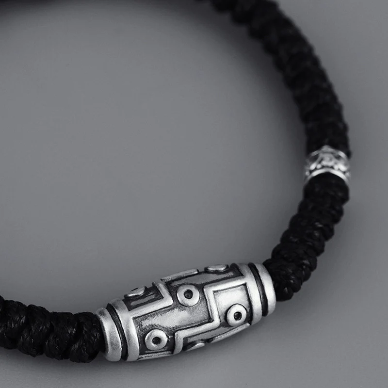 Buddha Stones 999 Sterling Silver Nine-Eye Dzi Bead Pattern Blessing Rope Bracelet