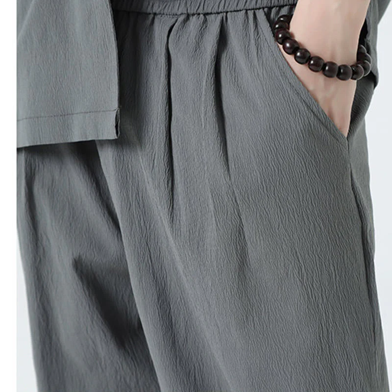 Buddha Stones 2Pcs Solid Frog-Button Three Quarter Sleeve Shirt Pants Men's Set