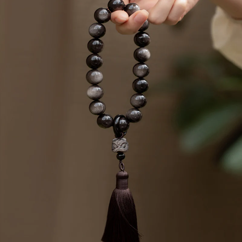 Buddha Stones Natural Silver Sheen Obsidian Black Obsidian Lion Wrist Mala Protection Tassels Pocket Mala Car Decoration