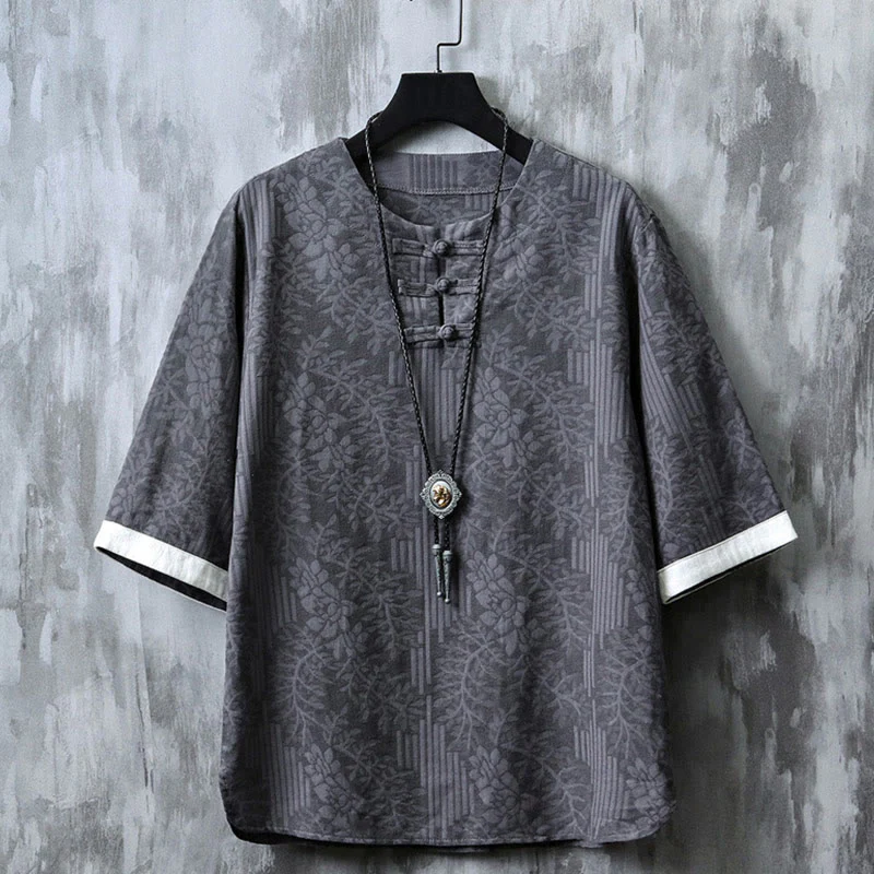 Buddha Stones Casual Retro Jacquard Chinese Frog-Button Design Men's Crew Neck Half Sleeve Cotton Shirt