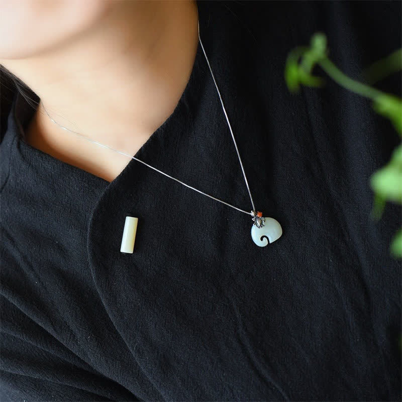 Buddha Stones White Jade Elephant Lotus Protection Necklace Pendant