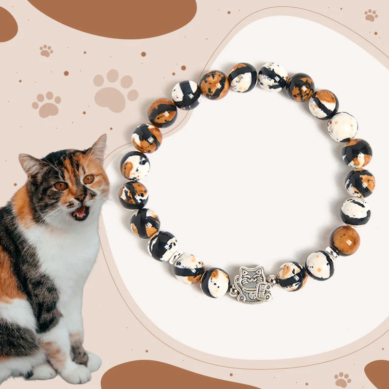 Buddha Stones 925 Sterling Silver Calico Cat Stone Bead Bracelet