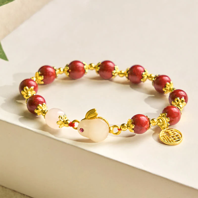 Buddha Stones Cinnabar Cute Rabbit Bunny Fu Character Charm Blessing Bracelet