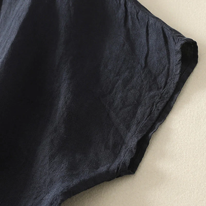 Buddha Stones Summer Plain Red Buttons Short Sleeve Women's Cotton Linen Shirt