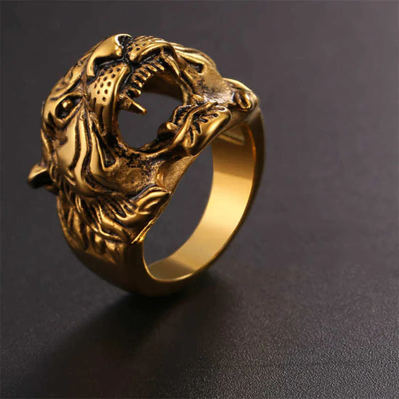 Buddha Stones Men's Animal Tiger Head Titanium Steel Balance Calm Punk Rock Biker Ring
