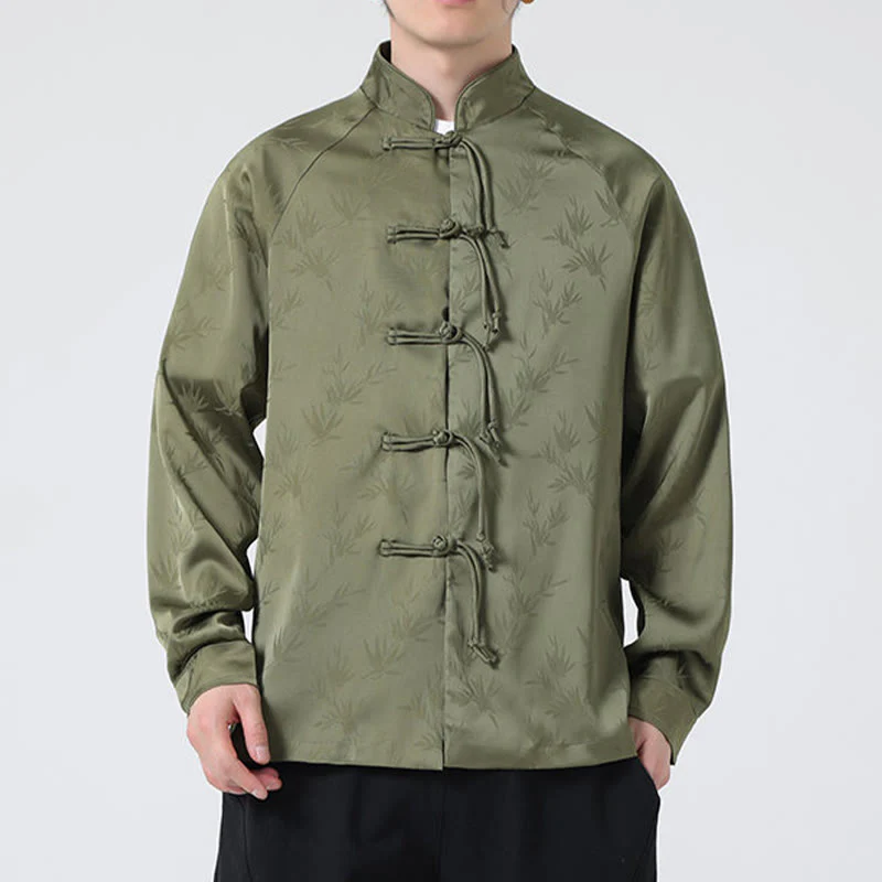 Buddha Stones Spring Jacquard Bamboo Leaves Pattern Chinese Frog-Button Design Men's Long Sleeve Shirt