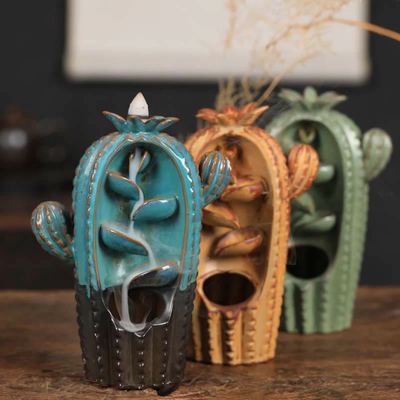 Buddha Stones Cactus Ceramic Healing Backflow Smoke Fountain Incense Burner