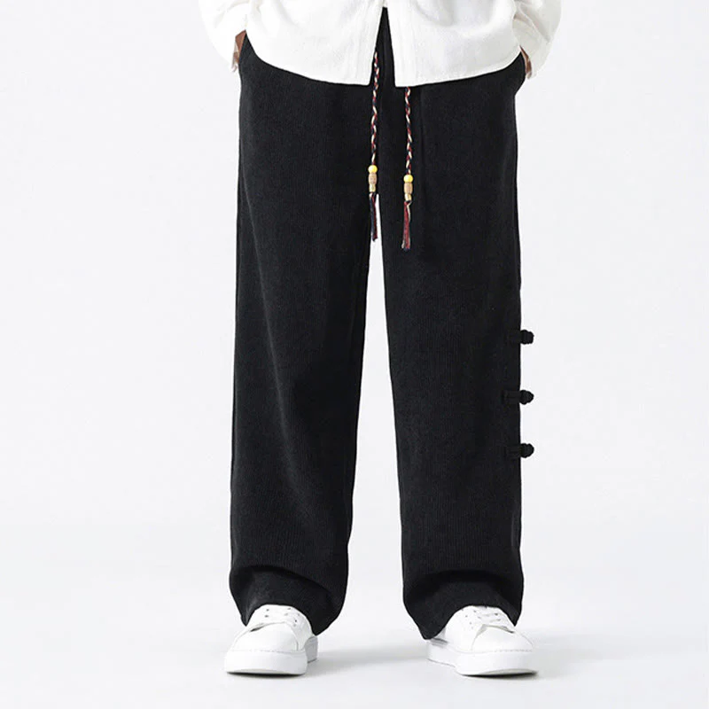 Buddha Stones Plain Chinese Frog-Button Design Drawstring Men's Corduroy Pants With Pockets