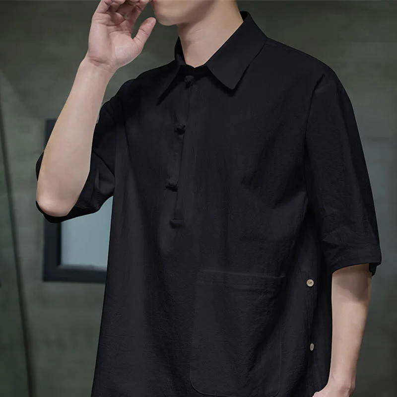 Buddha Stones Commute Plain Half Buttons Design Men's Cotton Linen Shirt With Pocket