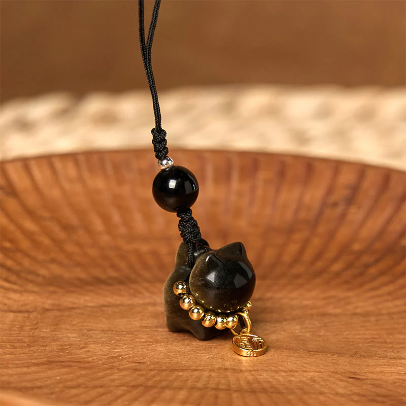 Buddha Stones Silver Sheen Obsidian Black Obsidian Gold Sheen Obsidian Cute Cat Fu Character Protection Key Chain Phone Hanging Decoration