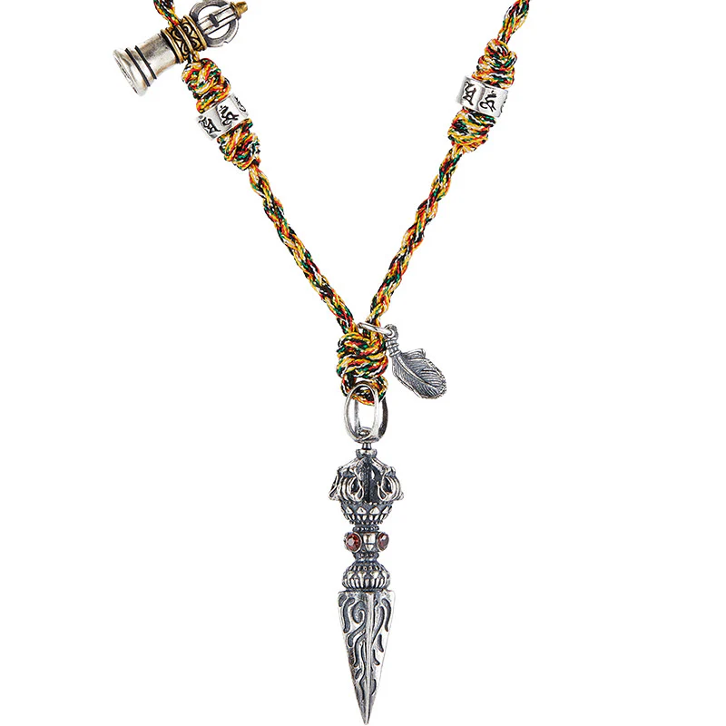 Buddha Stones Tibetan Handmade 925 Sterling Silver Dorje Vajra Om Mani Padme Hum Feather Strength Necklace Pendant