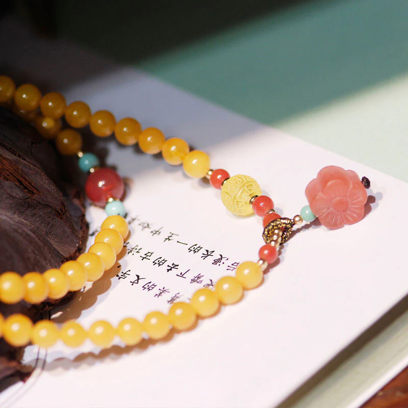 Buddha Stones Amber Healing Balance Necklace Flower Charm Bracelet
