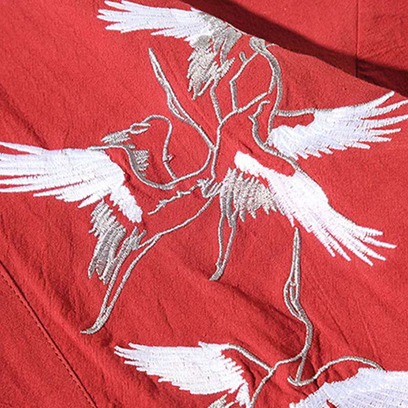 Buddha Stones Embroidery Flying White Cranes Cotton Linen Open Front Jacket Men's Kimono